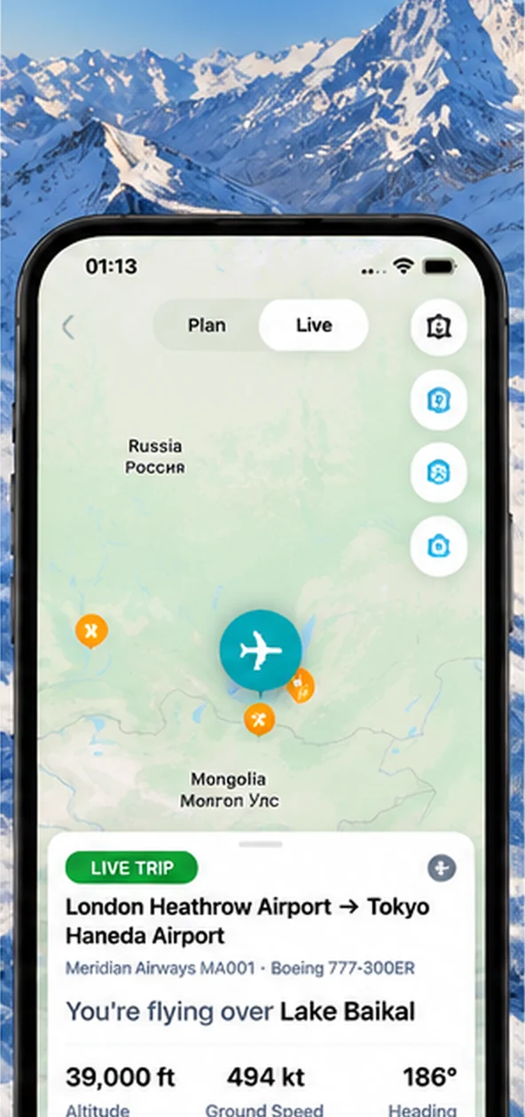 AirReveal live flight tracking over snow-capped mountains