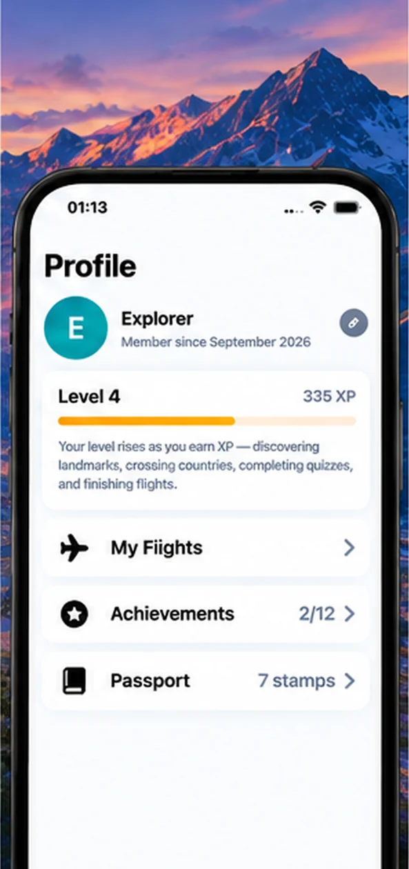 AirReveal Profile screen with achievements and passport stamps